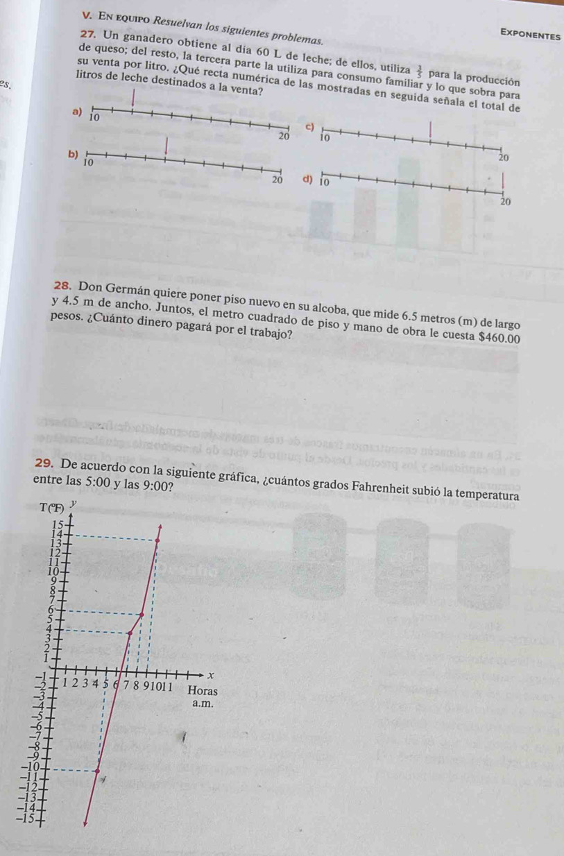 En equipo Resuelvan los siguientes problemas.
Exponentes
27. Un ganadero obtiene al día 60 L de leche; de ellos, utiliza  3/5  para la producción
de queso; del resto, la tercera parte la utiliza para consumo famil r y lo que sobra para
litros de leche destinados a la venta?
su venta por litro. ¿Qué recta numérica de las mostradas en seguida señala el total de
es.
28. Don Germán quiere poner piso nuevo en su alcoba, que mide 6.5 metros (m) de largo
y 4.5 m de ancho. Juntos, el metro cuadrado de piso y mano de obra le cuesta $460.00
pesos. ¿Cuánto dinero pagará por el trabajo?
29. De acuerdo con la siguiente gráfica, ¿cuántos grados Fahrenheit subió la temperatura
entre las 5:00 y las 9:00 ?
-