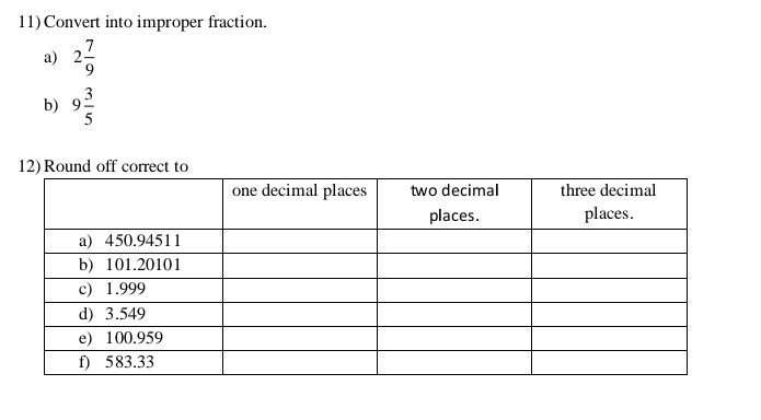 Convert into improper fraction. 
a) 2 7/9 
b) 9 3/5 