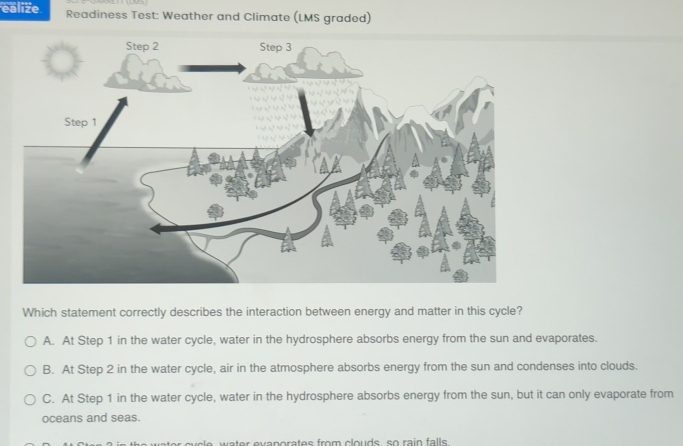 ealize Readiness Test: Weather and Climate (LMS graded)
Which statement correctly describes the interaction between energy and matter in this cycle?
A. At Step 1 in the water cycle, water in the hydrosphere absorbs energy from the sun and evaporates.
B. At Step 2 in the water cycle, air in the atmosphere absorbs energy from the sun and condenses into clouds.
C. At Step 1 in the water cycle, water in the hydrosphere absorbs energy from the sun, but it can only evaporate from
oceans and seas.
w ater evaporates from clouds so rain falls .