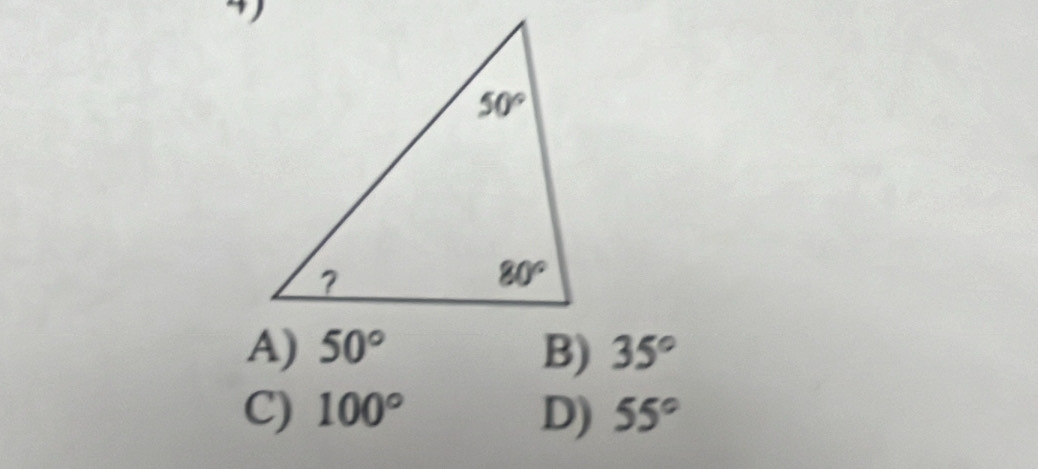 A) 50° B) 35°
C) 100° D) 55°