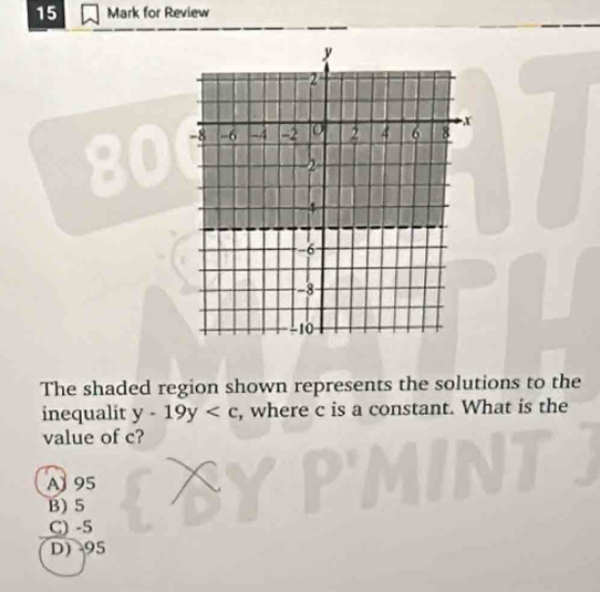 for Review
The shaded region shown represents the solutions to the
inequalit y-19y , where c is a constant. What is the
value of c?
AJ 95
B) 5
C) -5
D 95