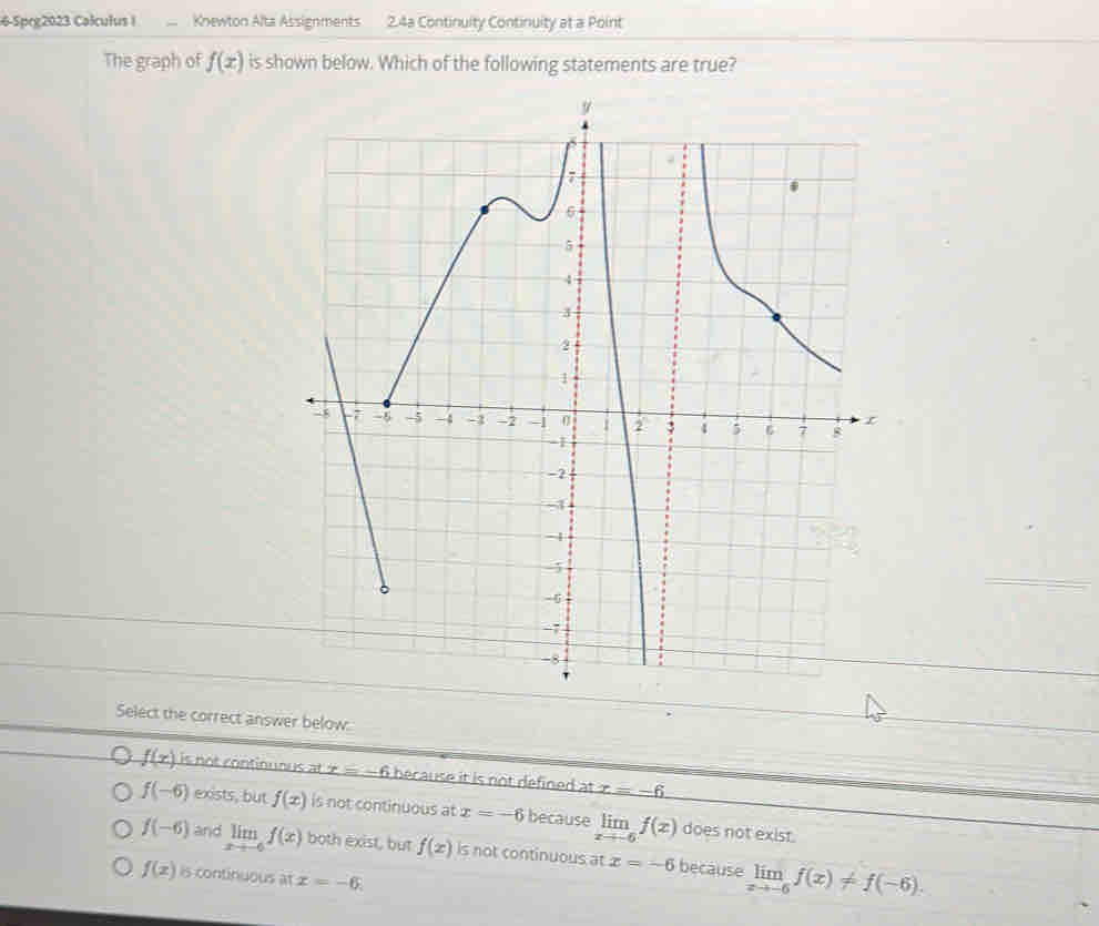 6-Sprg2023 Calculus I.. Knewton Alta Assignments 2.4a Continuity Continuity at a Point
The graph of f(x) is shown below. Which of the following statements are true?
Select the correct answer below:
f(x) is not contiouous at x=-6 hecause it is not defined atx=-6
f(-6) exists, but f(x) is not continuous at x=-6 because limlimits _xto -6f(x) does not exist.
f(-6) and limlimits _xto -6f(x) both exist, but f(x) is not continuous at x=-6 because limlimits _xto -6f(x)!= f(-6).
f(x) is continuous at x=-6.