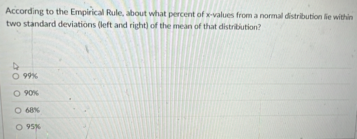 According to the Empirical Rule, about what percent of x -values from a normal distribution lie within
two standard deviations (left and right) of the mean of that distribution?
99%
90%
68%
95%