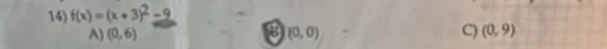 f(x)=(x+3)^2-9
A) (0,6) (0,0) C) (0,9)