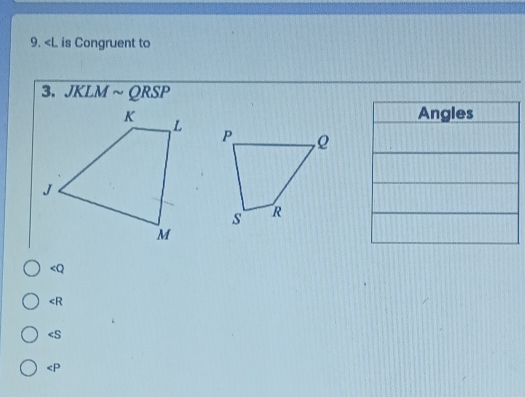 is Congruent to
3. JKLM ~ QRSP

∠ R

∠ P