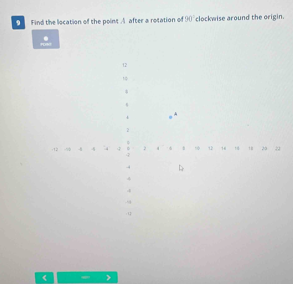 Find the location of the point A after a rotation of 90° clockwise around the origin. 
POINT
12
10
8
6
4
A
2
0
-12 -10 -8 -6 -4 -2 0 2 4 6 8 10 12 14 16 18 20 22
-2
-4
-6
-8
-10
-12