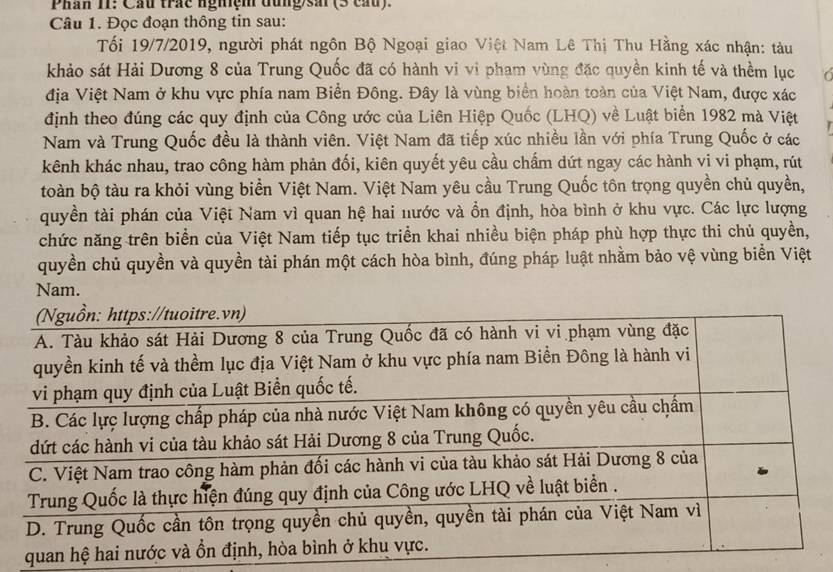 Phân II: Cầu trác ngiệm đung sa (3 cầu) 
Câu 1. Đọc đoạn thông tin sau: 
Tối 19/7/2019, người phát ngôn Bộ Ngoại giao Việt Nam Lê Thị Thu Hằng xác nhận: tàu 
khảo sát Hải Dương 8 của Trung Quốc đã có hành vi vi pham vùng đặc quyền kinh tế và thềm lục 
địa Việt Nam ở khu vực phía nam Biển Đông. Đây là vùng biển hoàn toàn của Việt Nam, được xác 
định theo đúng các quy định của Công ước của Liên Hiệp Quốc (LHQ) về Luật biển 1982 mà Việt 
Nam và Trung Quốc đều là thành viên. Việt Nam đã tiếp xúc nhiều lần với phía Trung Quốc ở các 
kênh khác nhau, trao công hàm phản đối, kiên quyết yêu cầu chẩm dứt ngay các hành vi vi phạm, rút 
toàn bộ tàu ra khỏi vùng biển Việt Nam. Việt Nam yêu cầu Trung Quốc tôn trọng quyền chủ quyền, 
quyền tài phán của Việt Nam vì quan hệ hai nước và ổn định, hòa bình ở khu vực. Các lực lượng 
chức năng trên biển của Việt Nam tiếp tục triển khai nhiều biện pháp phù hợp thực thi chủ quyền, 
quyền chủ quyền và quyền tài phán một cách hòa bình, đúng pháp luật nhằm bảo vệ vùng biển Việt 
Nam.