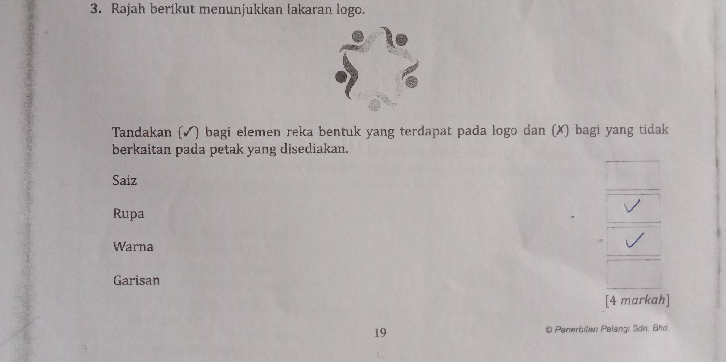 Rajah berikut menunjukkan lakaran logo. 
Tandakan (✓) bagi elemen reka bentuk yang terdapat pada logo dan (✗) bagi yang tidak 
berkaitan pada petak yang disediakan. 
Saiz 
Rupa 
Warna 
Garisan 
[4 markah] 
19 © Penerbitan Pelangı Sdn. Bhd.