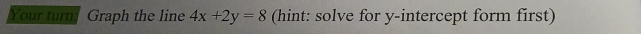 Your turn: Graph the line 4x+2y=8 (hint: solve for y-intercept form first)