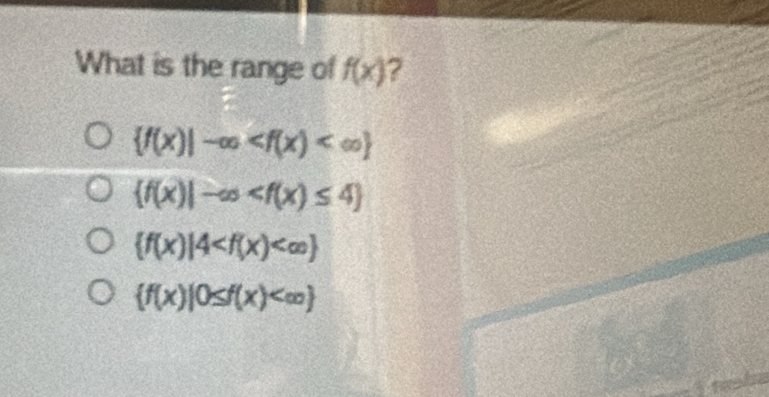 What is the range of f(x) ?
 f(x)|-∈fty
 f(x)|-∈fty
 f(x)|4
 f(x)|0≤ f(x)