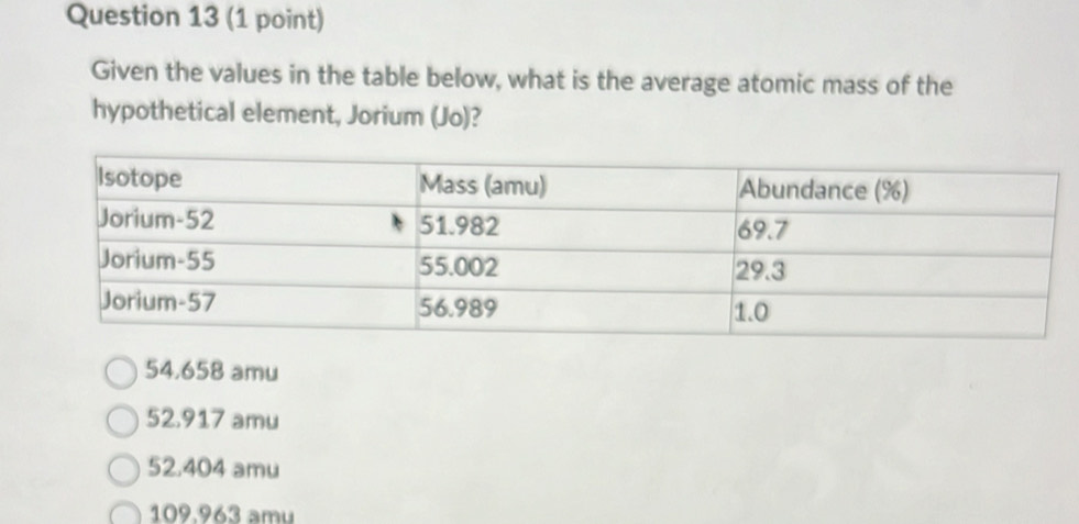 Given the values in the table below, what is the average atomic mass of the
hypothetical element, Jorium (Jo)?
54,658 amu
52.917 amu
52.404 amu
109.963 amu