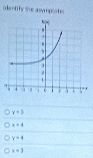 identify the asymptote
y=3
x=4
y=4
x=3