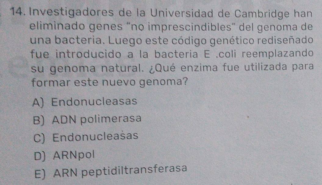 Investigadores de la Universidad de Cambridge han
eliminado genes “no imprescindibles” del genoma de
una bacteria. Luego este código genético rediseñado
fue introducido a la bacteria E .coli reemplazando
su genoma natural. ¿Qué enzima fue utilizada para
formar este nuevo genoma?
A) Endonucleasas
B) ADN polimerasa
C) Endonucleašas
D) ARNpol
E) ARN peptidiltransferasa