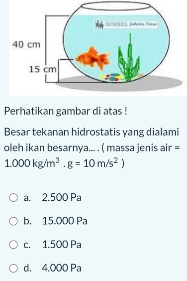 Perhatikan gambar di atas !
Besar tekanan hidrostatis yang dialami
oleh ikan besarnya... . ( massa jenis air =
1.000kg/m^3.g=10m/s^2)
a. 2.500 Pa
b. 15.000 Pa
c. 1.500 Pa
d. 4.000 Pa