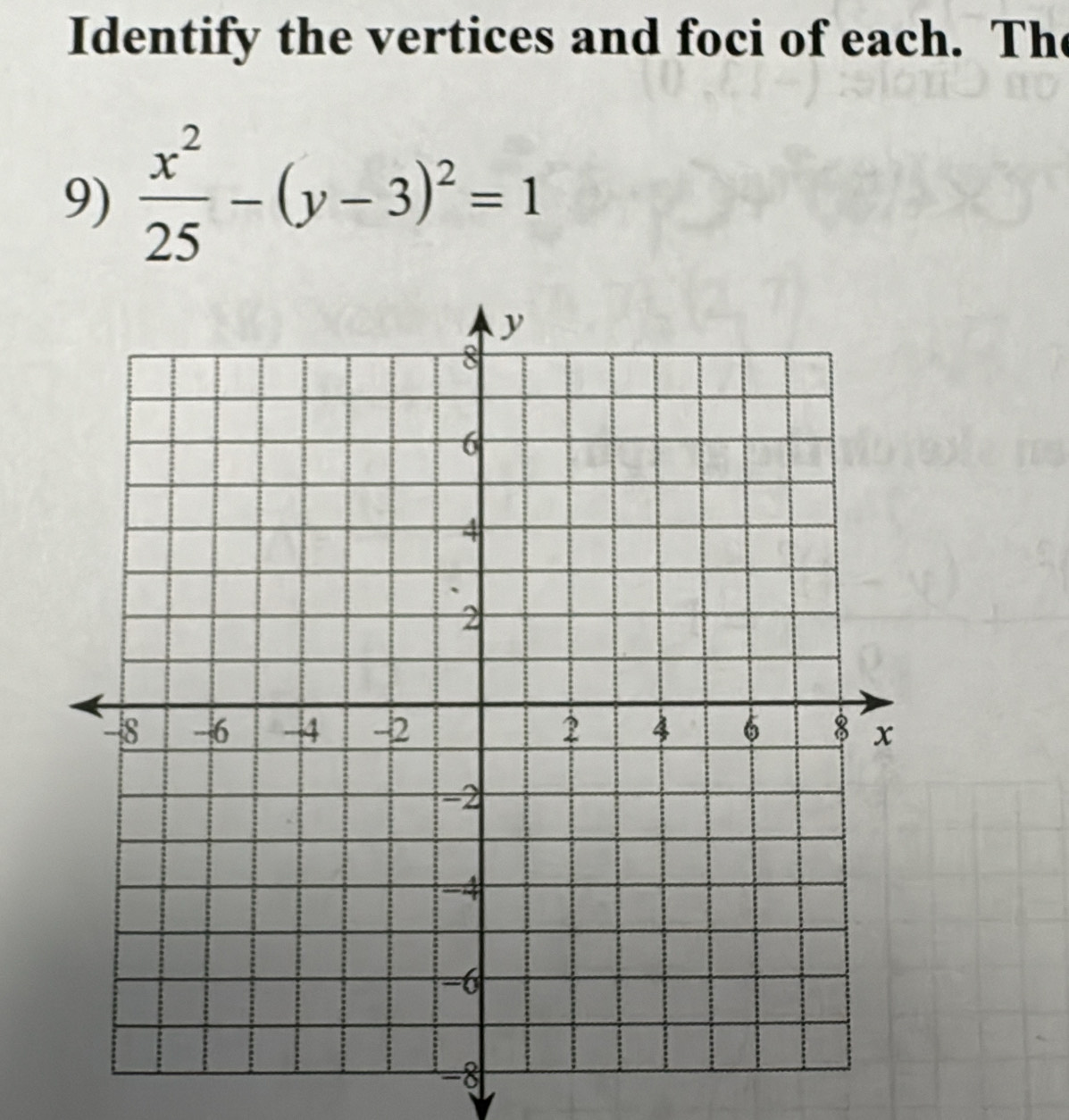 Identify the vertices and foci of each. The 
9)  x^2/25 -(y-3)^2=1