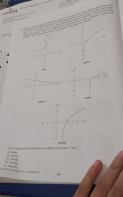 car+_ 12_ _ ⊥ _ +8 
somos Avalação Diagndstica 2° r 
a de Biológis tiveram que construir o gráfico da função
4. Duraete uma enalise de crescimento de certo múmero de bactérias desenvolvidas em un
para réprementat, péometricamente, o comportament,
ESCOLA ADEAMLUE HUNRS CHRETD 7 Rlno entcoren Samapa rerrcna actelão
ases alenos,orma aquivocada, construiu o gráfico de
'uicos e seguir tmpresentam um deles fez
Eadereser f(x)=4^x+1 em c MPa=4ax>0
panto.
C
ALEX 
 
)(
)( CARLO
Qual desses alunos construiu o gráfico da função f^(-1)(x)
A) Alex
B) Breno
C) Carlos
D) Daniel
E) Evaldo
DAliação DiAGnóstica -2^2 SEMESTRE - 22 -