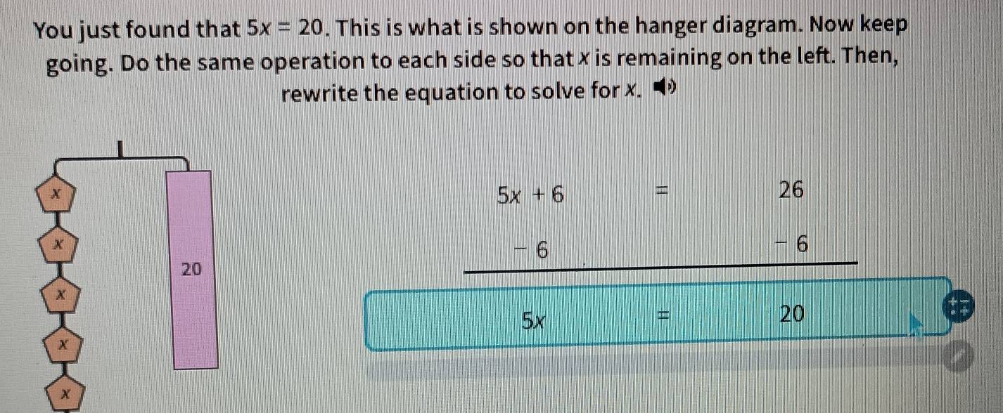 Solved: You just found that 5x=20. This is what is shown on the hanger ...