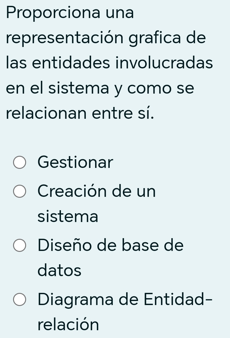 Proporciona una
representación grafica de
las entidades involucradas
en el sistema y como se
relacionan entre sí.
Gestionar
Creación de un
sistema
Diseño de base de
datos
Diagrama de Entidad-
relación