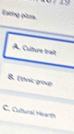 Eating pizza.
A. Culture trait
B. Ethnic group
C. Cultural Hearth