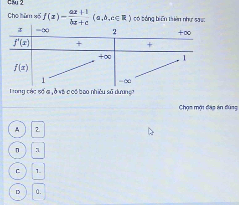 Cho hàm số f(x)= (ax+1)/bx+c (a,b,c∈ R) có bảng biến thiên như sau:
Trong các số a , b và c có bao nhiêu số dương?
Chọn một đáp án đúng
A 2.
B 3.
C 1.
D 0.