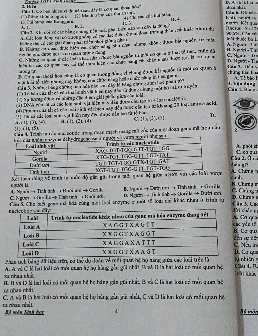 Trương THPT Vinh Th án D. A và là hai lo
2. Hiểu
Câu 1. Có bao nhiêu ví dụ nào sau đây là cơ quan thoái hóa? nhau nhất
(4) Chỉ sau của thú biển.
(1) Răng khôn ở người.  (2) Manh tràng của thú ăn thịt. Câu 6. Để xác Khi), người ta
(3)Túi bụng của Kangguru. D. 4.
A. 1. B. 2. C. 3. người. Kết quả
Câu 2. Khi nói về các bằng chứng tiến hoá, phát biểu nào sau đây là đúng?
90,5%. Căn cú
A. Các loài động vật có xương sống có các đặc điểm ở giai đoạn trưởng thành rất khác nhau thì  Rhesus : 91,1%
không thể có các giai đoạn phát triển phối giống nhau A. Người - Tin
B. Những cơ quan thực hiện các chức năng như nhau nhưng không được bắt nguồn từ một loài thuộc bộ L
nguồn gốc được gọi là cơ quan tương đồng.
C. Những cơ quan ở các loài khác nhau được bắt nguồn từ một cơ quan ở loài tổ tiên, mặc dù B. Người - Tin
hiện tại các cơ quan này có thể thực hiện các chức năng rất khác nhau được gọi là cơ quan C. Người - Tin
D. Người - Tir
tương tự. chứng tiến hóa
D. Cơ quan thoái hoá cũng là cơ quan tương đồng vì chúng được bắt nguồn từ một cơ quan ở
Câu 7. Dấu v
một loài tổ tiên nhưng nay không còn chức năng hoặc chức năng bị tiêu giảm.
A. Tế bào h
Câu 3. Những bằng chứng tiến hóa nào sau đây là bằng chứng sinh học phân tử?
3. Vận dụng
Câu 1. Bằng ở
(1) Tế bào của tất cả các loài sinh vật hiện nay đều sử dụng chung một bộ mã di truyền.
(2) Sự tương đồng về những đặc điểm giải phẫu giữa các loài.
(3) DNA của tất cả các loài sinh vật hiện nay đều được cấu tạo từ 4 loại nuclêôtit.
(4) Protein của tất cả các loài sinh vật hiện nay đều được cấu tạo từ khoảng 20 loại amino acid.
(5) Tất cả các loài sinh vật hiện nay đều được cấu tạo từ tế bào.
1
A. (1), (3), (4). B. (1), (2), (4). C. (1), (3), (5).
D.
(1), (3), (5).
Câu 4. Trình tự các nucleotide trong đoạn mạch mang mã gốc của một đoạn gene mã hóa cấu 2
i như sau:
A. phôi si
C. cơ qua
Câu 2. Ở câ
điều gì?
A. Chứng n
Kết luận đúng về trình tự mức độ gần gũi trong mối quan hệ gi cảnh.
người là B. Chứng m
A. Người → Tinh tinh → Đười ươi → Gorilla. B. Người → Đười ươi → Tinh tinh → Gorilla.
C. Người → Gorilla → Tinh tinh → Đười ươi. D. Người → Tinh tinh → Gorilla → Đười ươi.
C. Chứng n
D. Chứng n
Câu 5. Cho biết gene mã hóa cùng một loại enzyme ở một số loài chỉ khác nhau ở trình tự Câu 3. Các
ời khác m . Cơ qua
ác yếu tố
. Cơ qua
đến sự tiến
C. Nếu lo
D. Cơ qua
Phân tích bàng dữ liệu trên, có thể dự đoán về mối quan hệ họ hàng giữa các loài trên là tự nhiên g
A. A và C là hai loài có mối quan hệ họ hàng gần gũi nhất, B và D là hai loài có mối quan hệ  Câu 4. Bà
xa nhau nhất.
loài khác
B. B và D là hai loài có mối quan hệ họ hàng gần gũi nhất, B và C là hai loài có mối quan hệ
xa nhau nhất.
C. A và B là hai loài có mối quan hệ họ hàng gần gũi nhất, C và D là hai loài có mối quan hệ
xa nhau nhất.
Bộ môn Sinh học 4 Bộ môn