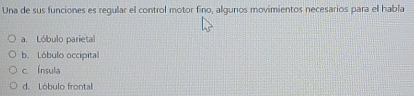 Una de sus funciones es regular el control motor fino, algunos movimientos necesarios para el habla
a. Lóbulo parietal
b. Lóbulo occipital
c Ínsula
d. Lóbulo frontal