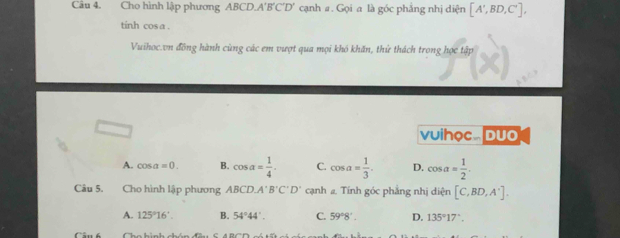 Cho hình lập phương ABCD. A' B'C'D' cạnh #. Gọi a là góc phẳng nhị diện [A', BD, C'], 
tinh cos a.
Vuihoc.vn đồng hành cùng các em vượt qua mọi khó khăn, thử thách trong học tập
vuihọc. Duo
A. cos a=0. B. cos alpha = 1/4 . C. cos a= 1/3 . D. cos alpha = 1/2 . 
Câu 5. Cho hình lập phương ABCD A'B'C'D' cạnh a. Tính góc phẳng nhị diện [C,BD,A'].
A. 125°16'. B. 54°44'. C. 59°8'. D. 135°17°. 
Câu 6