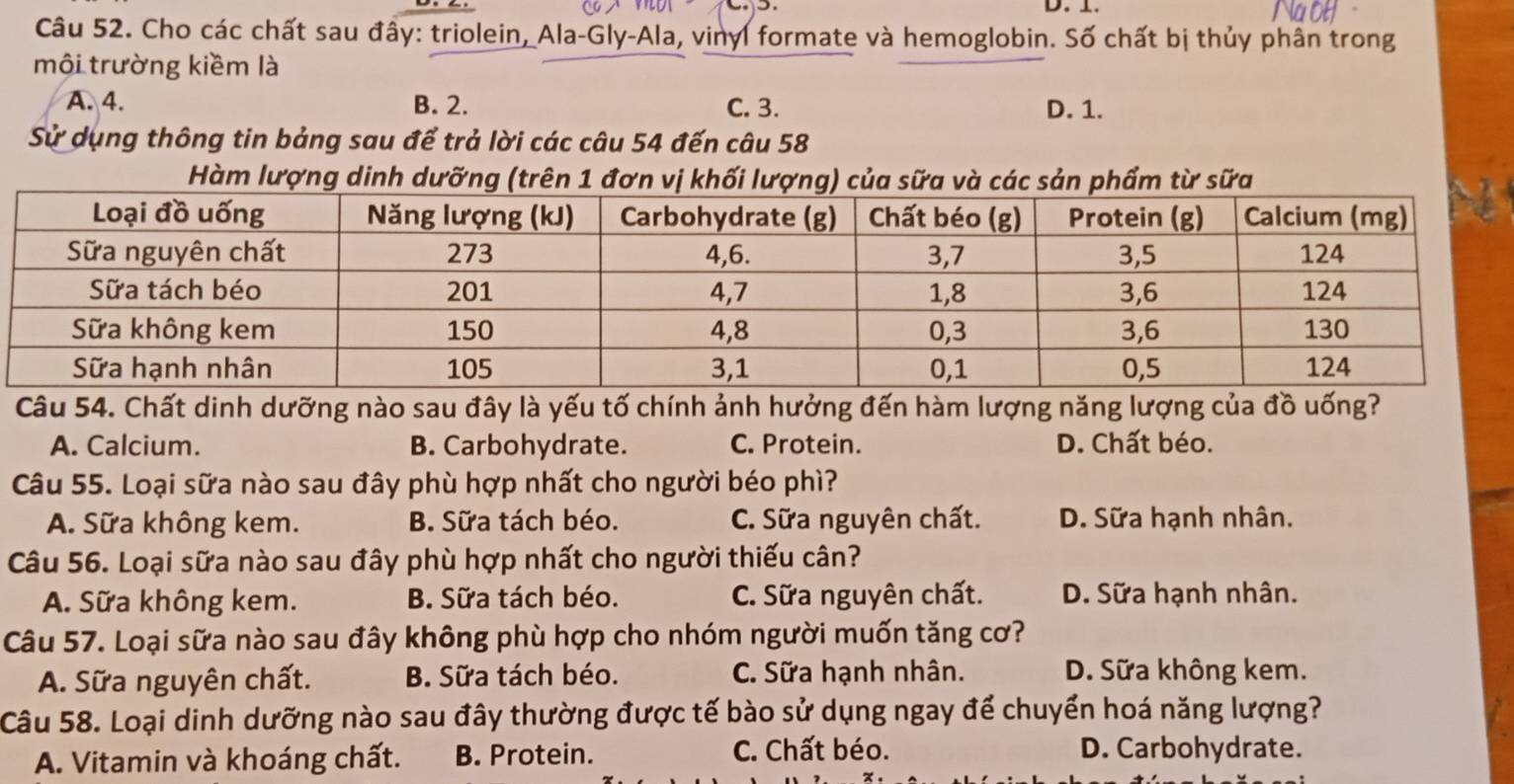 Cho các chất sau đây: triolein, Ala-Gly-Ala, vinyl formate và hemoglobin. Số chất bị thủy phân trong
mội trường kiềm là
A. 4. B. 2. C. 3. D. 1.
Sử dụng thông tin bảng sau để trả lời các câu 54 đến câu 58
Hàm lượng dinh dưỡng (trên 1 đơn vị khốtừ sữa
Câu 54. Chất dinh dưỡng nào sau đây là yếu tố chính ảnh hưởng đến hàm lượng năng lượng của đồ uống?
A. Calcium. B. Carbohydrate. C. Protein. D. Chất béo.
Câu 55. Loại sữa nào sau đây phù hợp nhất cho người béo phì?
A. Sữa không kem. B. Sữa tách béo. C. Sữa nguyên chất. D. Sữa hạnh nhân.
Câu 56. Loại sữa nào sau đây phù hợp nhất cho người thiếu cân?
A. Sữa không kem. B. Sữa tách béo. C. Sữa nguyên chất. D. Sữa hạnh nhân.
Câu 57. Loại sữa nào sau đây không phù hợp cho nhóm người muốn tăng cơ?
A. Sữa nguyên chất. B. Sữa tách béo. C. Sữa hạnh nhân. D. Sữa không kem.
Câu 58. Loại dinh dưỡng nào sau đây thường được tế bào sử dụng ngay để chuyển hoá năng lượng?
A. Vitamin và khoáng chất. B. Protein. C. Chất béo.
D. Carbohydrate.