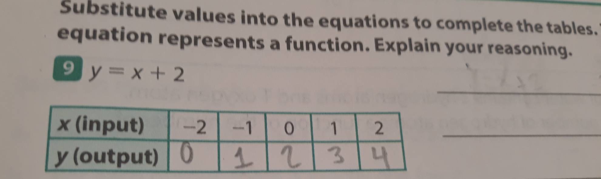 Substitute values into the equations to complete the tables. 
equation represents a function. Explain your reasoning. 
_ 
9 y=x+2