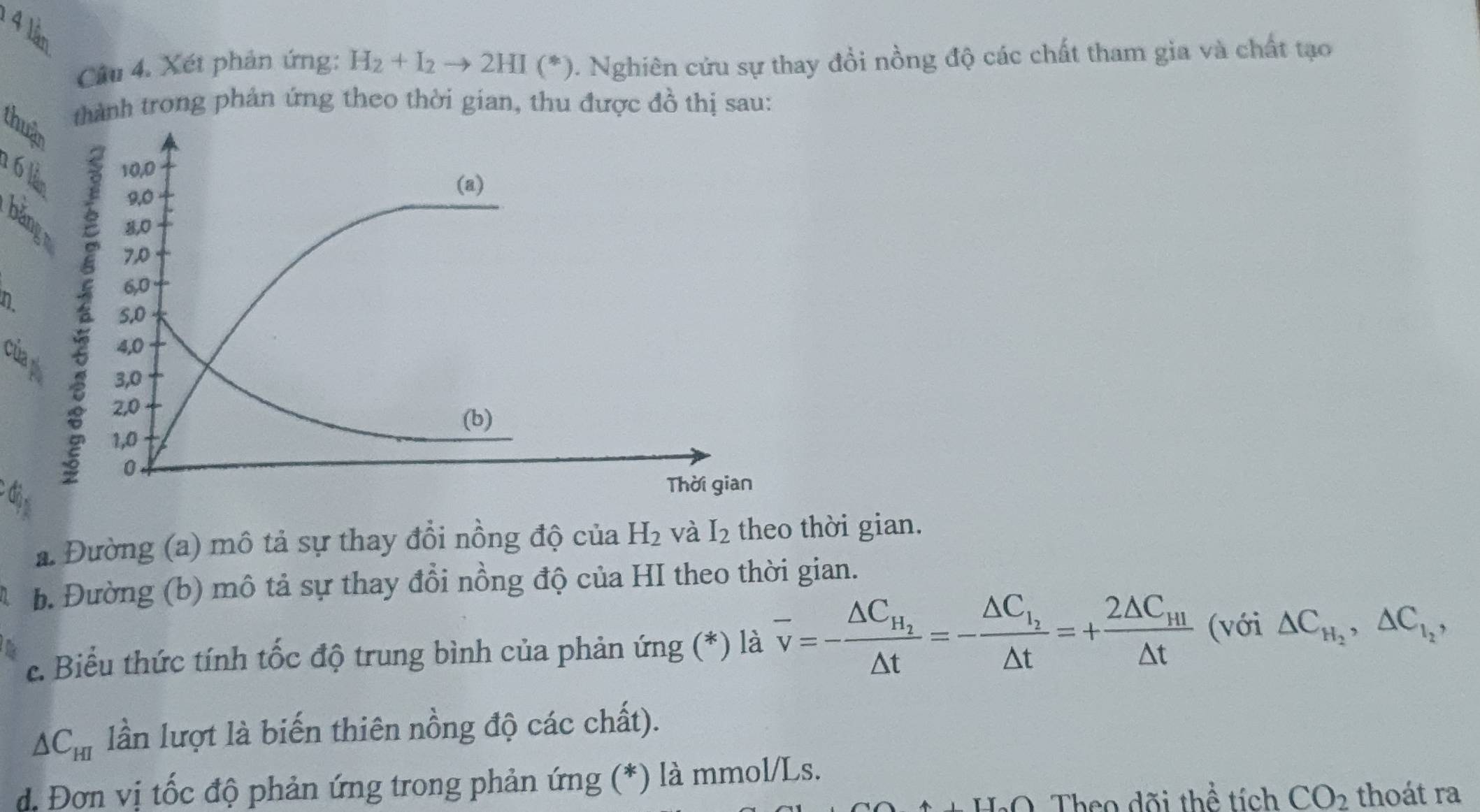 1 4 lầm 
Câu 4. Xét phản ứng: H_2+I_2to 2HI(*) 1. Nghiên cứu sự thay đồi nồng độ các chất tham gia và chất tạo 
thành trong phản ứng theo thời gian, thu được đồ thị sau: 
thuật 
1 6 m
n 
độ 
a Đường (a) mô tả sự thay đổi nồng độ của H_2 và I_2 theo thời gian. 
b. Đường (b) mô tả sự thay đổi nồng độ của HI theo thời gian. 
c. Biểu thức tính tốc độ trung bình của phản ứng (*) là overline v=-frac △ C_H_2△ t=-frac △ C_I_2△ t=+frac 2△ C_HI△ t (với △ C_H_2, △ C_l_2,
△ C_HI lần lượt là biến thiên nồng độ các chất). 
d. Đơn vị tốc độ phản ứng trong phản ứng (*) là mmol/Ls. 
Theo dõi thể tích CO_2 thoát ra