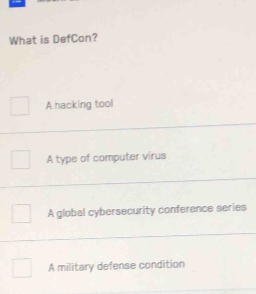 What is DefCon?
A hacking tool
A type of computer virus
A global cybersecurity conference series
A military defense condition