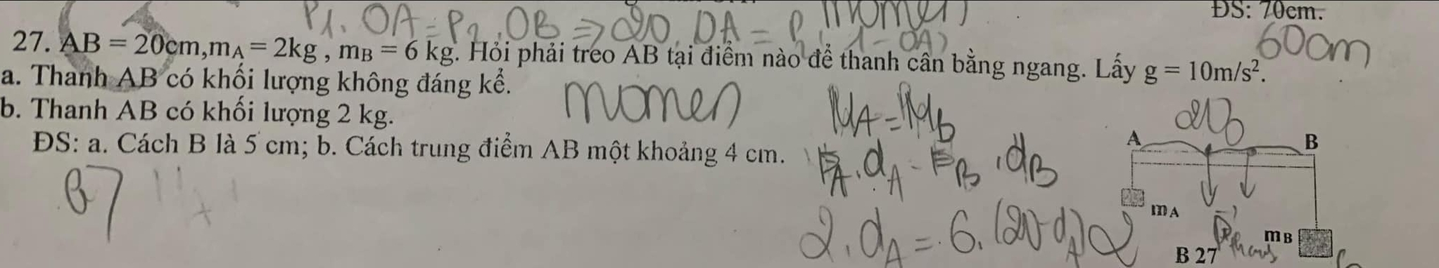 ĐS: 70cm.
27. AB=20cm, m_A=2kg, m_B=6kg. Hỏi phải treo AB tại điểm nào đề thanh cân bằng ngang. Lấy g=10m/s^2.
a. Thanh AB có khối lượng không đáng kể.
b. Thanh AB có khối lượng 2 kg.
ĐS: a. Cách B là 5 cm; b. Cách trung điểm AB một khoảng 4 cm.
B 27