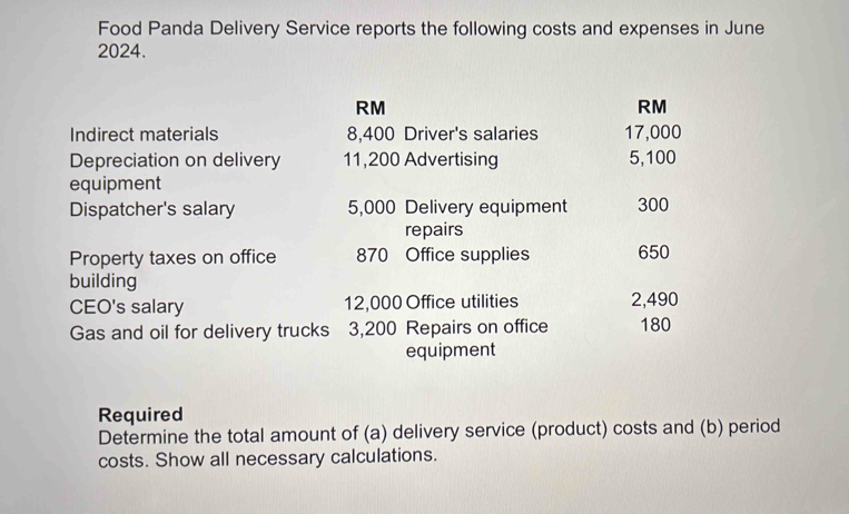 Food Panda Delivery Service reports the following costs and expenses in June 
2024. 
RM 
RM 
Indirect materials 8,400 Driver's salaries 17,000
Depreciation on delivery 11,200 Advertising 5,100
equipment 
Dispatcher's salary 5,000 Delivery equipment 300
repairs 
Property taxes on office 870 Office supplies 650
building 
CEO's salary 12,000 Office utilities 2,490
Gas and oil for delivery trucks 3,200 Repairs on office 180
equipment 
Required 
Determine the total amount of (a) delivery service (product) costs and (b) period 
costs. Show all necessary calculations.