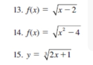 f(x)=sqrt(x-2)
14. f(x)=sqrt(x^2-4)
15. y=sqrt[3](2x+1)