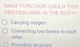 WHAT FUNCTION COULD THIS
PROTEIN HAVE IN THE BODY?
Carrying oxygen
Connecting two bones to each
other
Providing structure