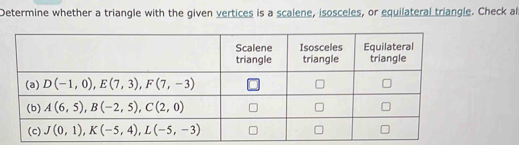 Determine whether a triangle with the given vertices is a scalene, isosceles, or equilateral triangle. Check al