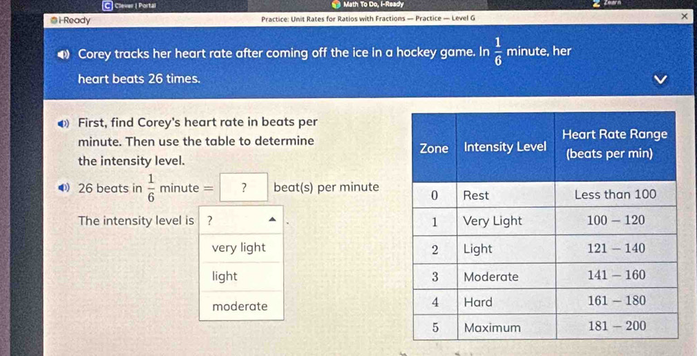 Clever ( Portal Math To Do, I-Ready    
@ i-Ready Practice: Unit Rates for Ratios with Fractions — Practice — Level G x
Corey tracks her heart rate after coming off the ice in a hockey game. In  1/6  r nin ute, her
heart beats 26 times.
First, find Corey's heart rate in beats per
minute. Then use the table to determine
the intensity level. 
0 26 beats in  1/6 minute=? beat(s) per minute
The intensity level is ?
very light
light
moderate