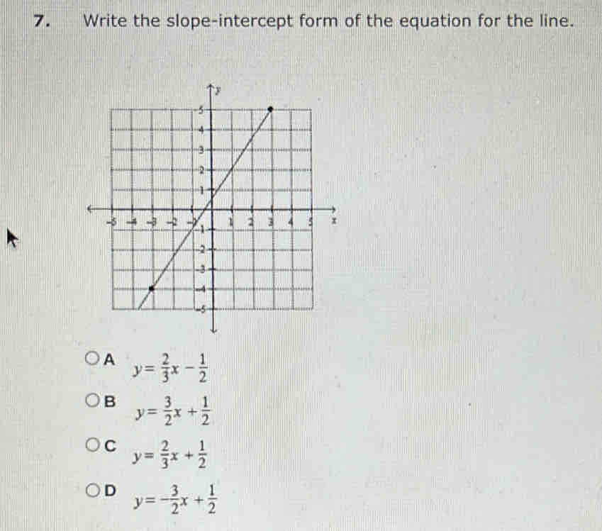 Write the slope-intercept form of the equation for the line.
A y= 2/3 x- 1/2 
B y= 3/2 x+ 1/2 
C y= 2/3 x+ 1/2 
D y=- 3/2 x+ 1/2 