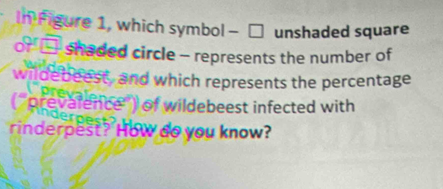 In Figure 1, which symbol - □ unshaded square 
or □ shaded circle - represents the number of 
wildebeest, and which represents the percentage 
(''prevalence'') of wildebeest infected with 
rinderpest? How do you know?