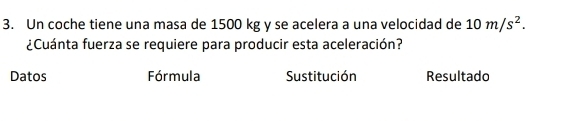 Un coche tiene una masa de 1500 kg y se acelera a una velocidad de 10m/s^2. 
¿Cuánta fuerza se requiere para producir esta aceleración?
Datos Fórmula Sustitución Resultado