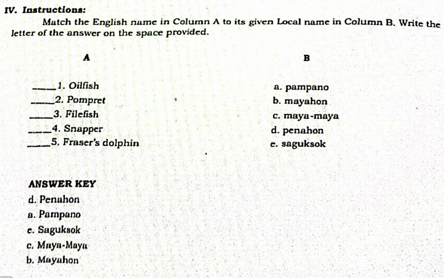 Solved: Instructions: Match the English name in Column A to its given ...