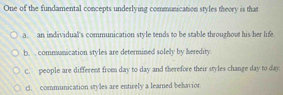 Solved: One of the fundamental concepts underlying communication styles ...