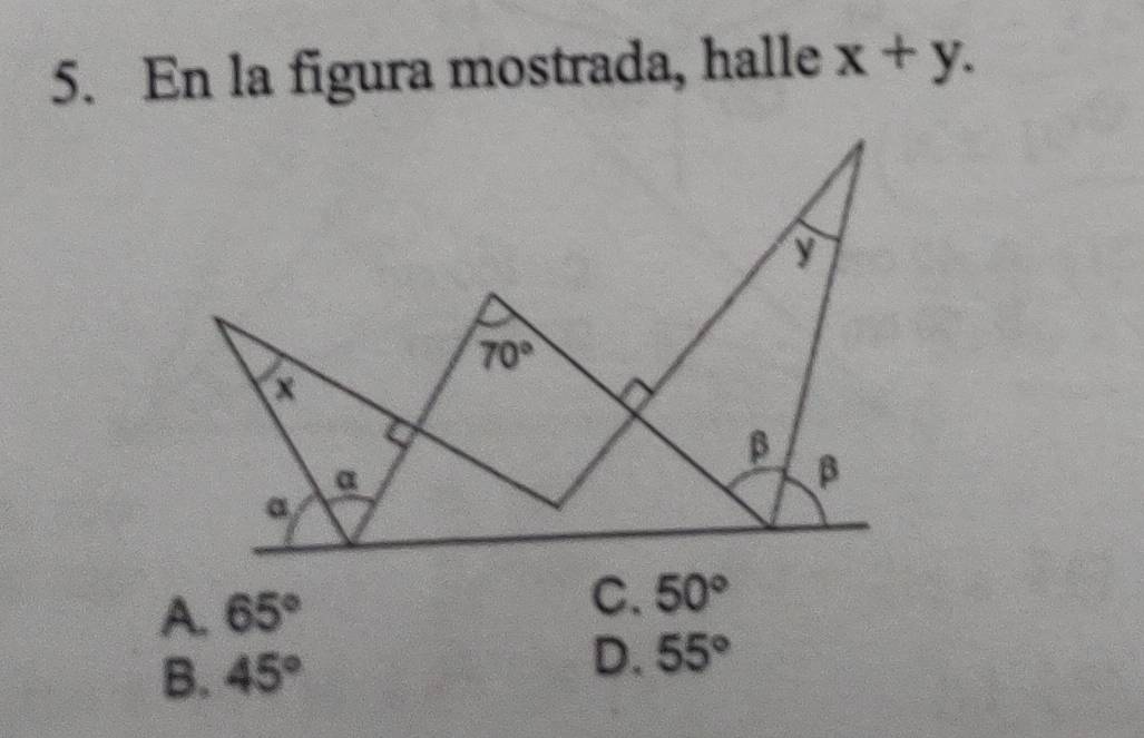 En la figura mostrada, halle x+y.
A. 65° C. 50°
B. 45° D. 55°