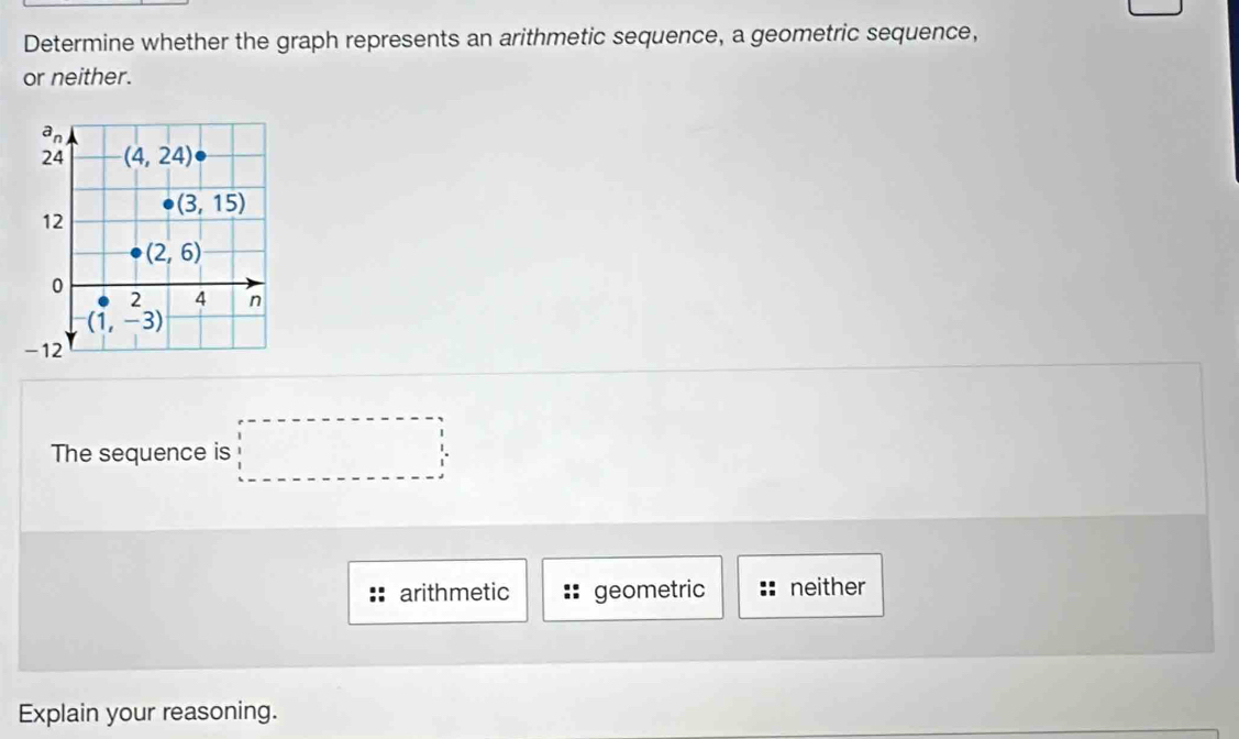 Determine whether the graph represents an arithmetic sequence, a geometric sequence,
or neither.
The sequence is □
arithmetic geometric neither
Explain your reasoning.