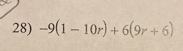 -9(1-10r)+6(9r+6)