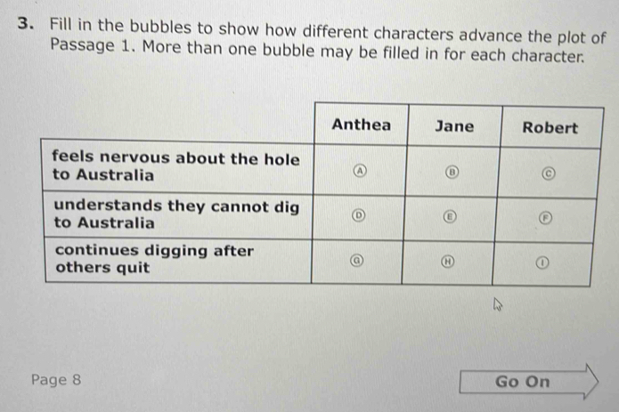 Fill in the bubbles to show how different characters advance the plot of 
Passage 1. More than one bubble may be filled in for each character. 
Page 8 Go On