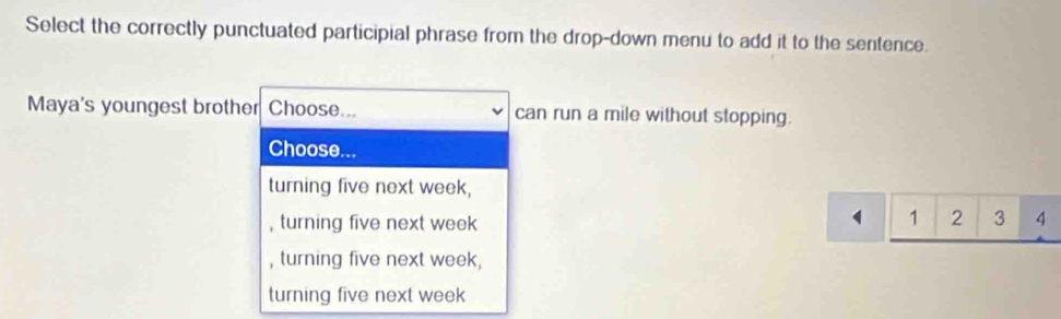 Select the correctly punctuated participial phrase from the drop-down menu to add it to the sentence.
Maya's youngest brother Choose... can run a mile without stopping.
Choose
turning five next week,
1
, turning five next week 2 3 4
, turning five next week,
turning five next week