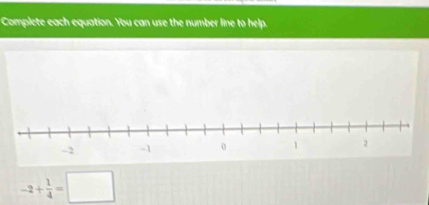 Complete each equation. You can use the number line to help.
-2+ 1/4 =□