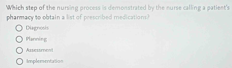 Which step of the nursing process is demonstrated by the nurse calling a patient's
pharmacy to obtain a list of prescribed medications?
Diagnosis
Planning
Assessment
Implementation