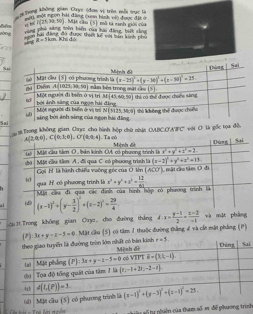Trong không gian Oxyz (đơn vị trên mỗi trục là
mét), một ngọn hải đăng (xem hình vẽ) được đặt ở
điểm vị trí I(25;30;50). Mặt cầu (S) mô tả ranh giới của
ròng
vùng phủ sáng trên biển của hải đăng, biết rằng
ngọn hải đăng đó được thiết kế với bản kính phủ
sảng R=5km 1. Khi đó:
S
Sa
u 30.Trong không gian Oxyz cho hình hộp chữ nhật OABC.O'A'B'C' với O là gốc tọa độ,
h
ai
3 Câu 31. Trong không gian Oxyz, cho đường thắng d:x= (y-1)/2 = (z-2)/-1 
(P): 3x+y-z-5=0. Mặt cầu (S) có tâm I thuộc đường thẳng đ và cắt mặt phẳng (P)
r=5.
i
C Câu hải - Trà lời ngắnh
ni u  ố tự nhiên của t